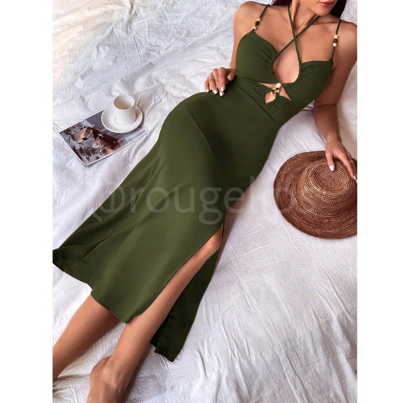 Army Green Dress Strappy Bead Detail Criss Cross Cut Out Detail Cami Tie Neck - Picture 6 of 7